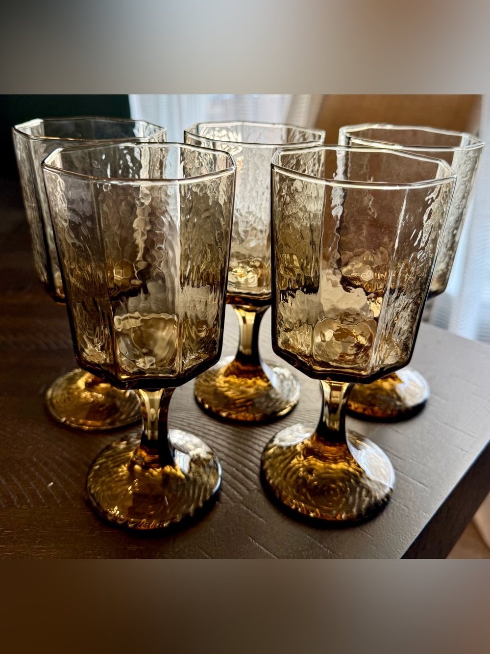 Vintage Libbey Facets Tawny Brown Wine Goblets Octagon Glasses Set of 5